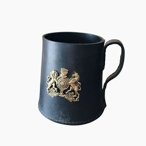 Vintage English Leather Tankard, Stein Beer Mug Holder, Brass Royal Crest Emblem